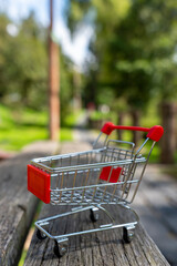 Carrito de compras de supermercado con fondo de naturaleza desenfocado 