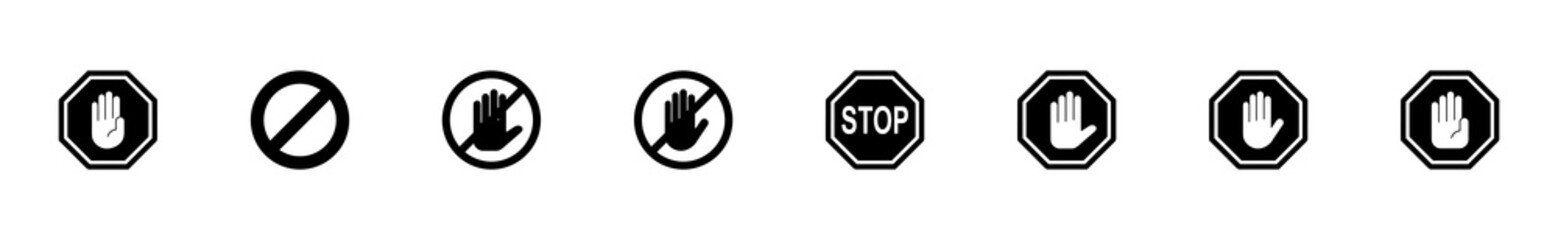 Stop icon set. stop road sign. hand stop icon vector