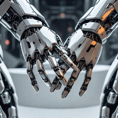 Robotic hands, artificial intelligence, machine learning, big data network connection, data exchange, deep learning, science and artificial intelligence technology, future innovation.
