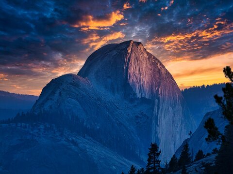 Half Dome, granite mountain, round shapes, sunset summit, dramatic evening sky, Yosemite Valley, California, USA, North America - Powered by Adobe