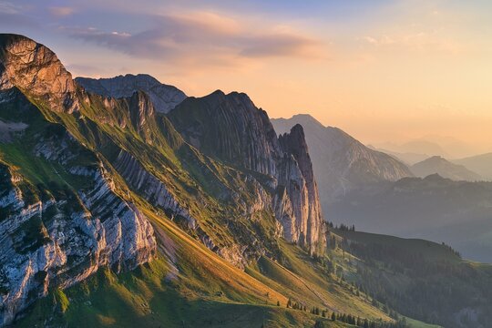 Mountain landscape at sunset, view of Bockmattlistock, cantons of Glarus and Schwyz, Switzerland, Europe