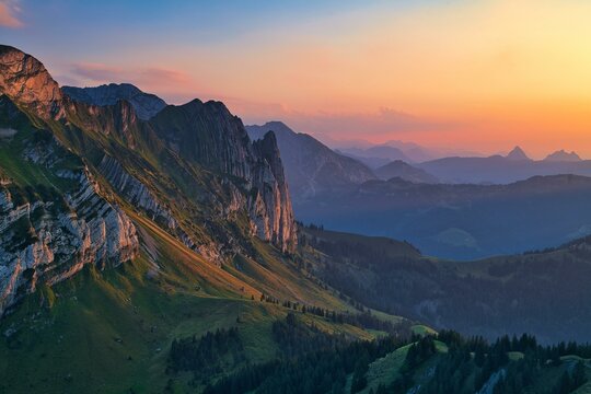 Mountain landscape at sunset, view of Glarnerland and Central Switzerland, cantons of Glarus and Schwyz, Switzerland, Europe