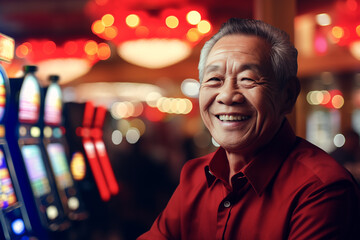 Satisfied, joyful pensioner of Asian origin smiling, sitting in a red shirt near slot machines on a blurred casino background.