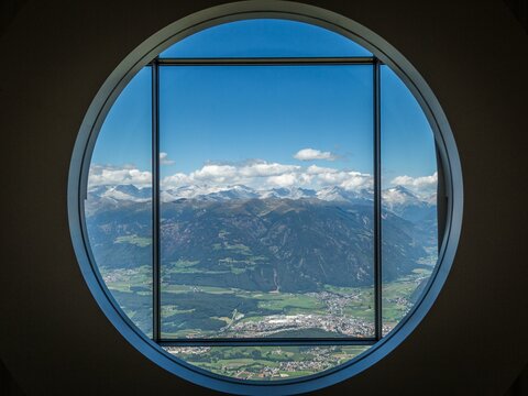 View from round window into Pustertal, Lumen Museum, Museum of Photography, Kronplatz, Dolomites, South Tyrol, Italy, Europe
