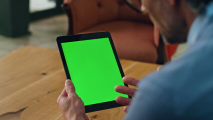 Director hand talking mockup tablet office. Unknown man gesturing chromakey tab
