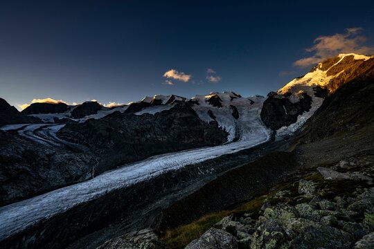 Morteratsch glacier with Bernina group at sunrise, St Moritz, Engadin, Grisons, Switzerland, Europe