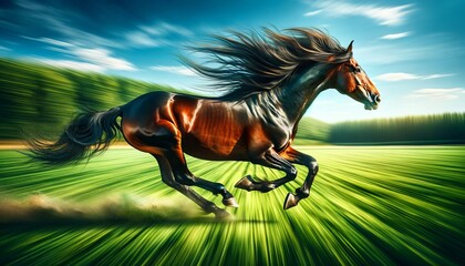 A horse in full gallop, mane billowing, captures the essence of speed and grace against the lush green of the countryside. Its powerful build and dynamic motion exemplify freedom.Generative AI