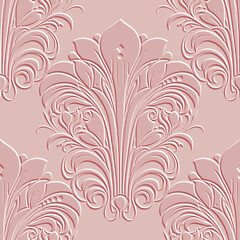 3d emboss Vintage art nouveau floral seamless pattern. Vector ornamental Damask Baroque old style textured surface background with embossed vintage flowers, leaves, ornaments. Relief grunge texture