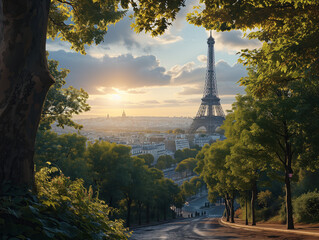Sunny summer view showcasing the Eiffel Tower - obrazy, fototapety, plakaty