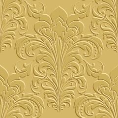 3d emboss Vintage art nouveau floral seamless pattern. Vector ornamental Damask Baroque old style textured surface background with embossed vintage flowers, leaves, ornaments. Relief grunge texture