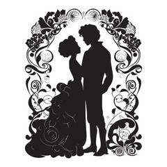 Woman and man love couple ornamental silhouettes with vintage floral frame in art nouveau style. Vector beautiful black silhouettes on white background. Old retro style isolated romantic design