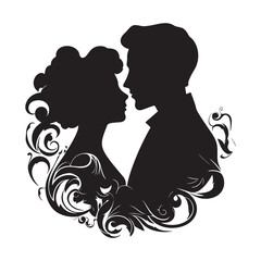 Woman and man love couple ornamental silhouettes with vintage floral border in art nouveau style. Vector beautiful black silhouettes on white background. Old retro style isolated romantic design