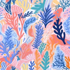 seamless colorful fun pattern of coral and leaves, ai