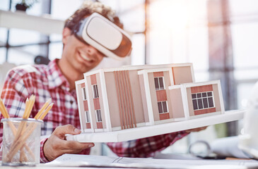 Virtual reality futuristic design technology. Architect or design engineer in VR headset for BIM...