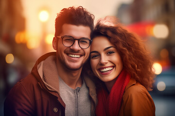Street portrait of a happy young white man and woman couple with sincere smiles, beautiful faces, and warm clothes, standing on a blurred street background. - obrazy, fototapety, plakaty