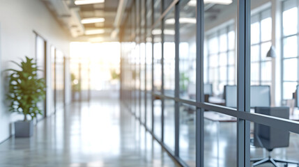 long corridor in an office building with glass walls, transparent glass wall, natural light, bright atmosphere, delightful setting
