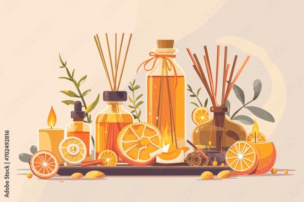 Poster A bunch of oranges and candles arranged on a table. Perfect for adding warmth and a touch of elegance to any setting