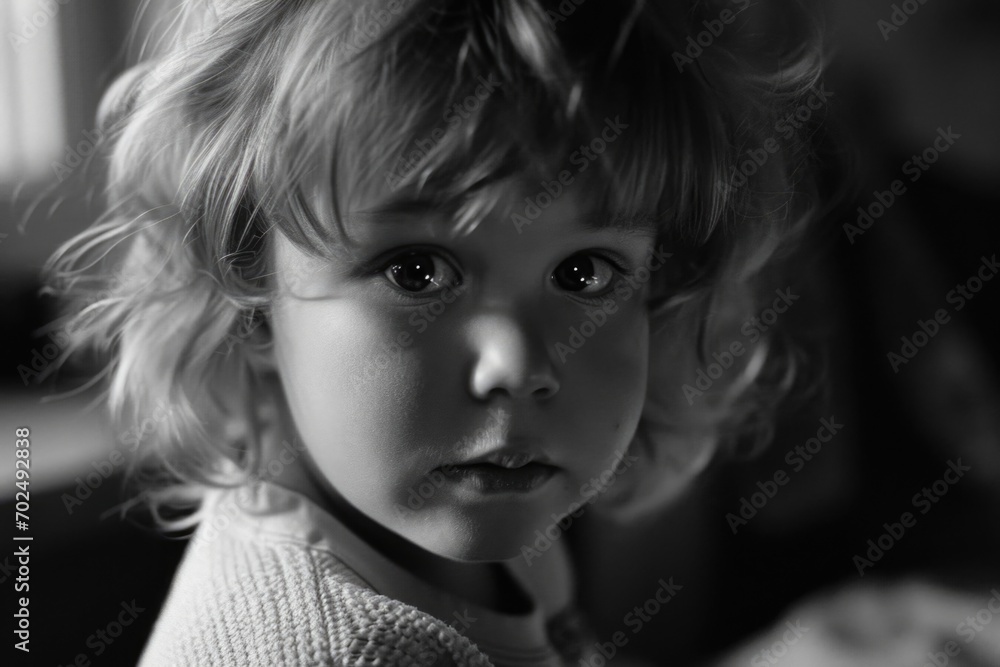 Poster a young girl with a curious expression looking directly into the camera. suitable for various uses