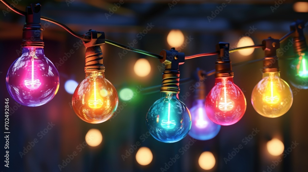 Poster string of multicolored light bulbs on a dark background. can be used for festive decorations or as a