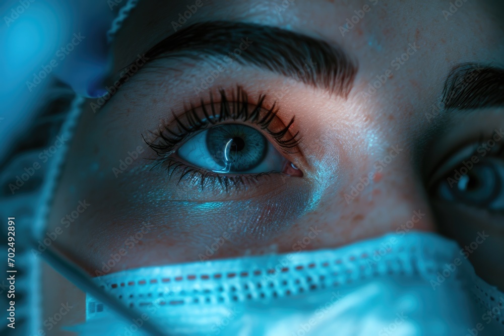 Aufkleber a close-up view of a person wearing a surgical mask. this image can be used to represent protection,