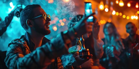 A group of people sitting around a bar, enjoying drinks and cigarettes. Perfect for illustrating socializing and nightlife scenes - obrazy, fototapety, plakaty