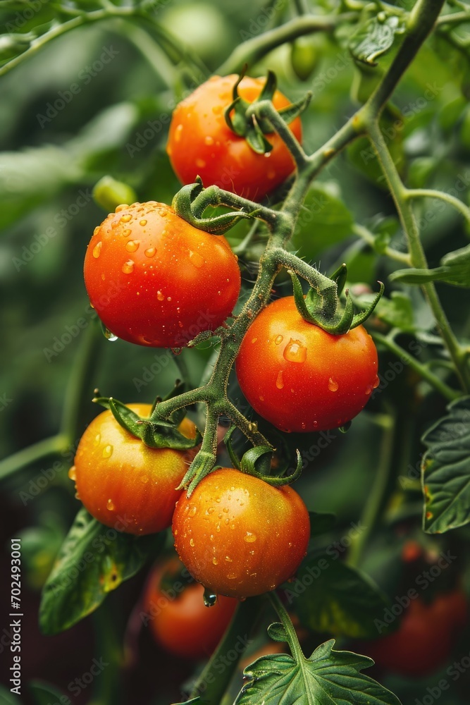 Poster a close-up view of a bunch of tomatoes growing on a plant. this image can be used to showcase fresh 