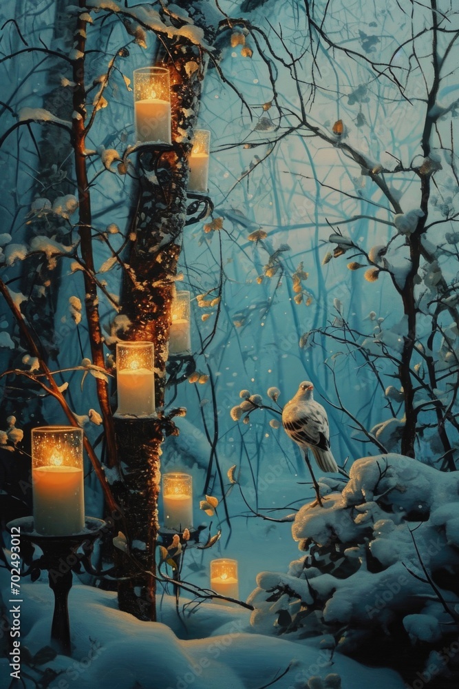 Poster a group of lit candles sitting on top of a tree. can be used for various festive occasions and celeb