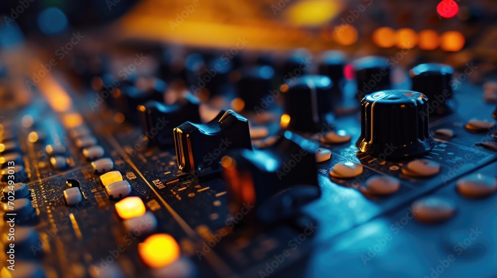 Poster A detailed view of a sound board in a recording studio. This image can be used to represent the technical aspects of music production and sound engineering