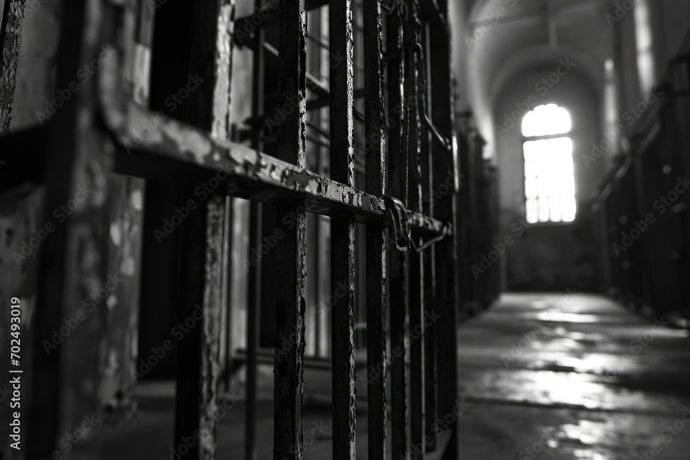 Poster a photo of a jail cell in black and white. this image can be used to depict the confinement and isol