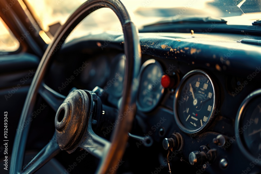 Poster a close up view of a car steering wheel. this image can be used in automotive articles or advertisem
