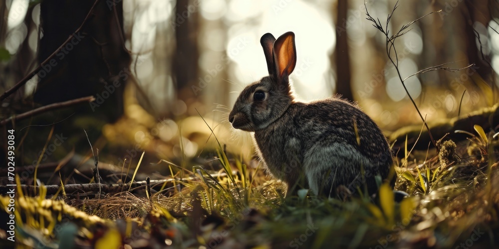 Poster a rabbit sitting calmly in the midst of a lush forest. this image can be used to depict the beauty a