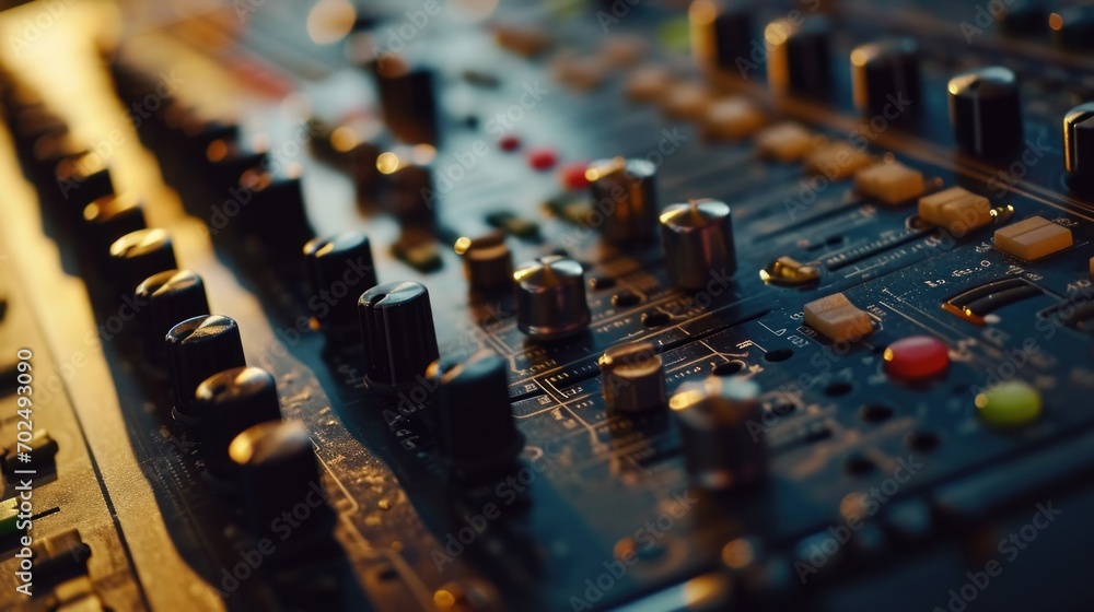 Poster A close up view of a control board featuring numerous knobs. Ideal for illustrating technology, electronics, and industrial concepts