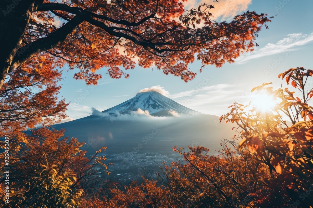 Poster a scenic view of a mountain in the distance, surrounded by trees. perfect for nature enthusiasts and