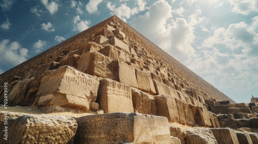 Poster a very tall pyramid with a sky in the background. ideal for travel and architectural concepts