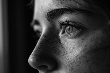Naklejka premium A black and white photo capturing the beauty of a woman's face. Suitable for various creative projects
