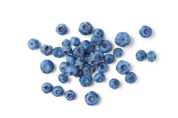Pile of fresh blueberries isolated on white, transparent background, PNG, top view, flat lay....