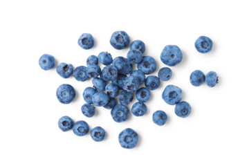 Pile of fresh blueberries isolated on white, transparent background, PNG, top view, flat lay. Organic berries, healthy food, wild berries.