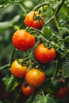 A close-up view of a bunch of tomatoes growing on a plant. This image can be used to showcase fresh produce, gardening, or healthy eating