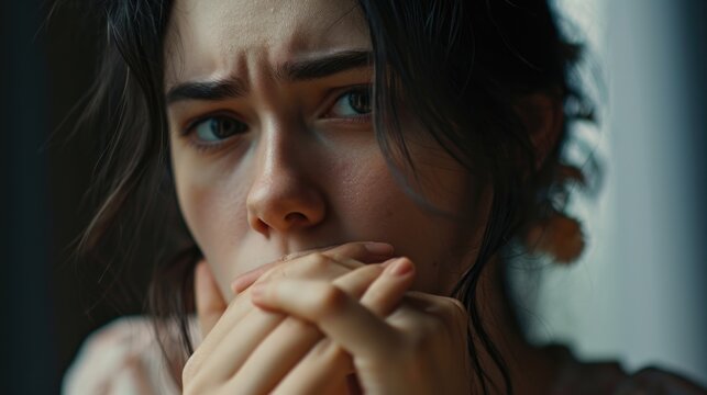 A close-up image of a woman with her hand covering her mouth. This picture can be used to depict shock, surprise, or secrecy