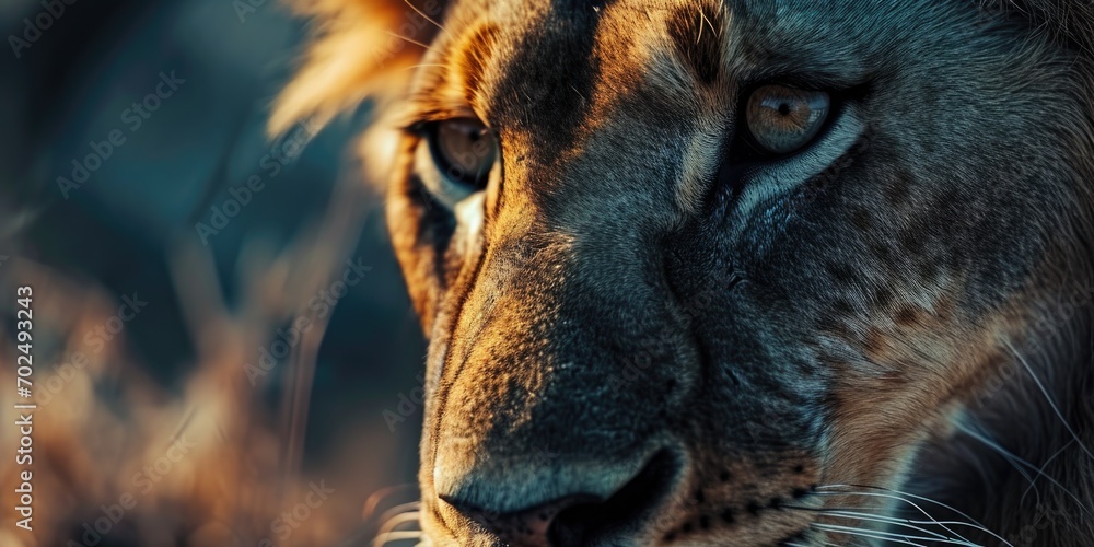 Poster a close-up view of a lion's face with a blurred background. this image captures the intricate detail