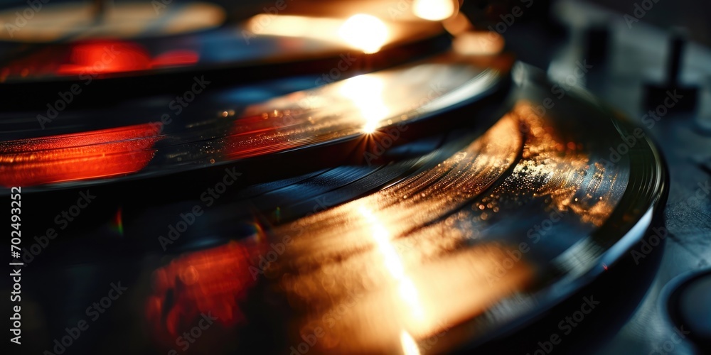 Poster a close-up view of a record placed on a table. can be used for music-related themes or vintage aesth