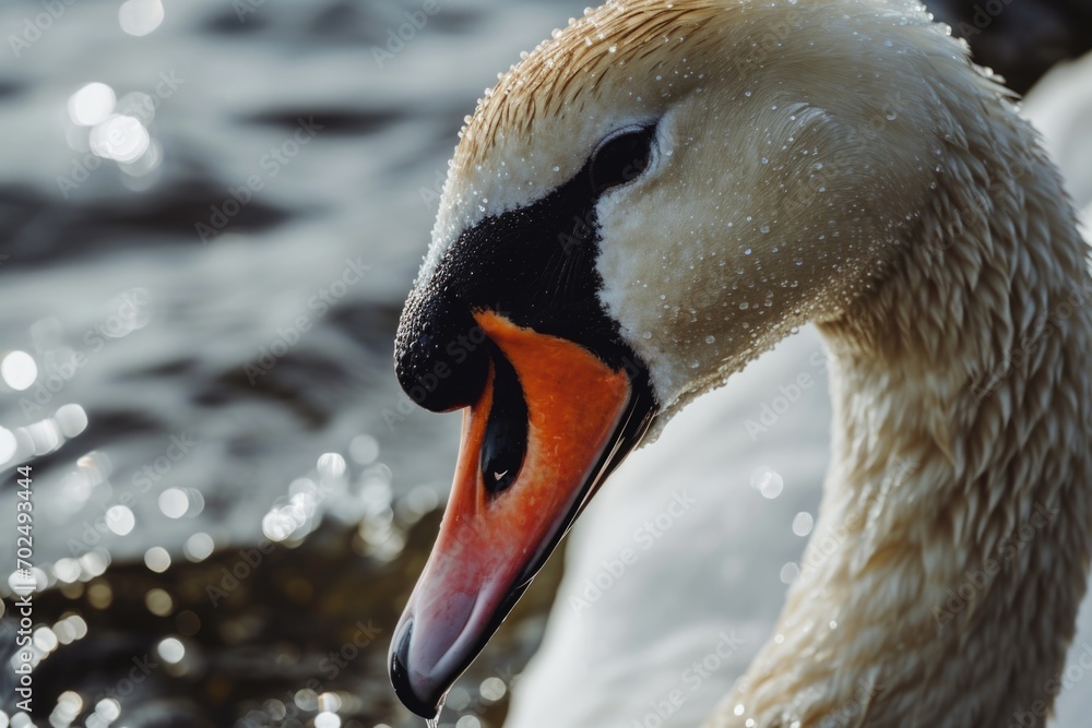 Poster a detailed close-up of a swan's face with a serene water background. perfect for nature enthusiasts 