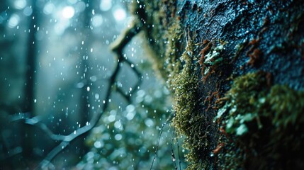 A close-up view of a tree trunk in the rain. This image captures the textures and patterns of the...