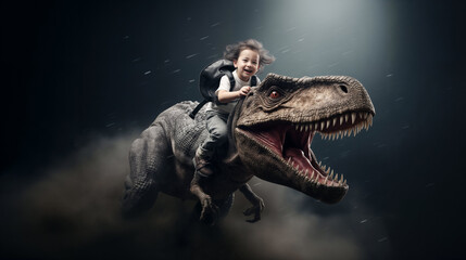 fantasy image of a young boy with backpack riding on a tyrannosaurus rex