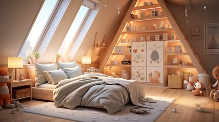 A cozy and bright attic bedroom with a large bed, a triangular bookshelf, and a variety of toys