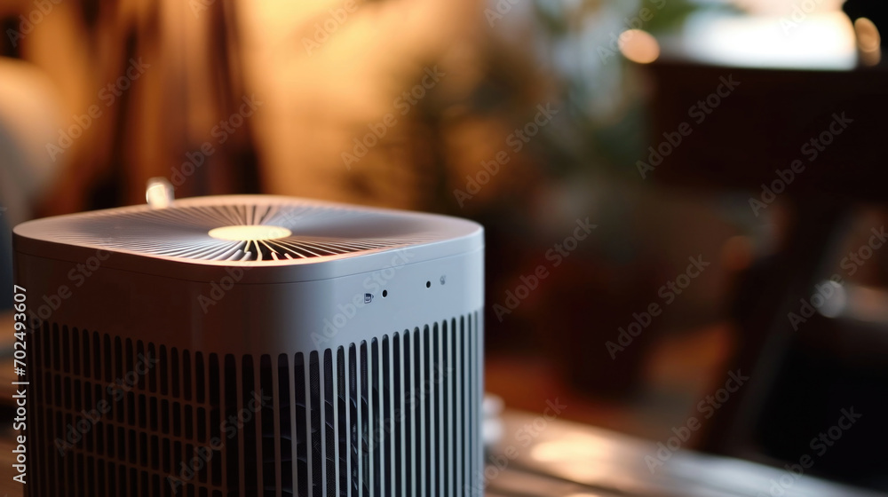 Poster an air purifier sitting on top of a table. useful for creating a clean and healthy environment indoo