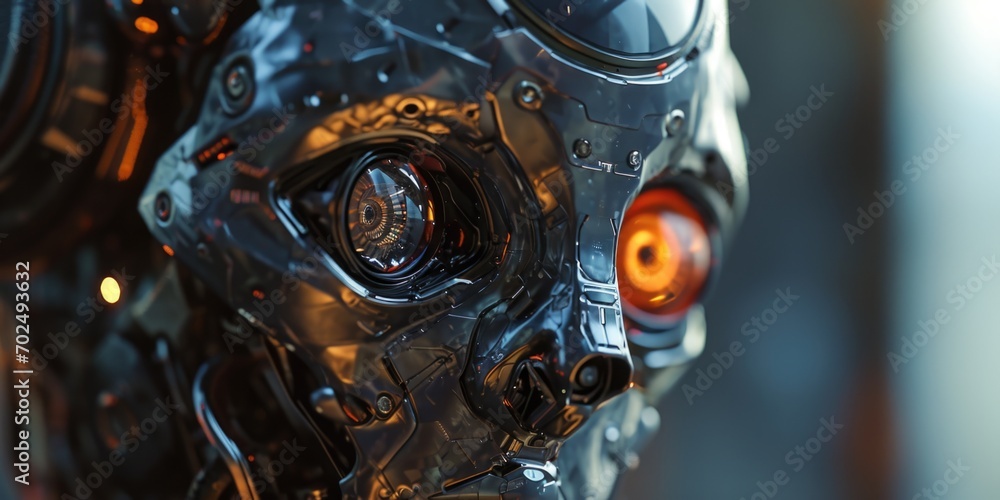Poster a detailed view of a robot's face, showcasing its glowing eyes. perfect for futuristic technology co