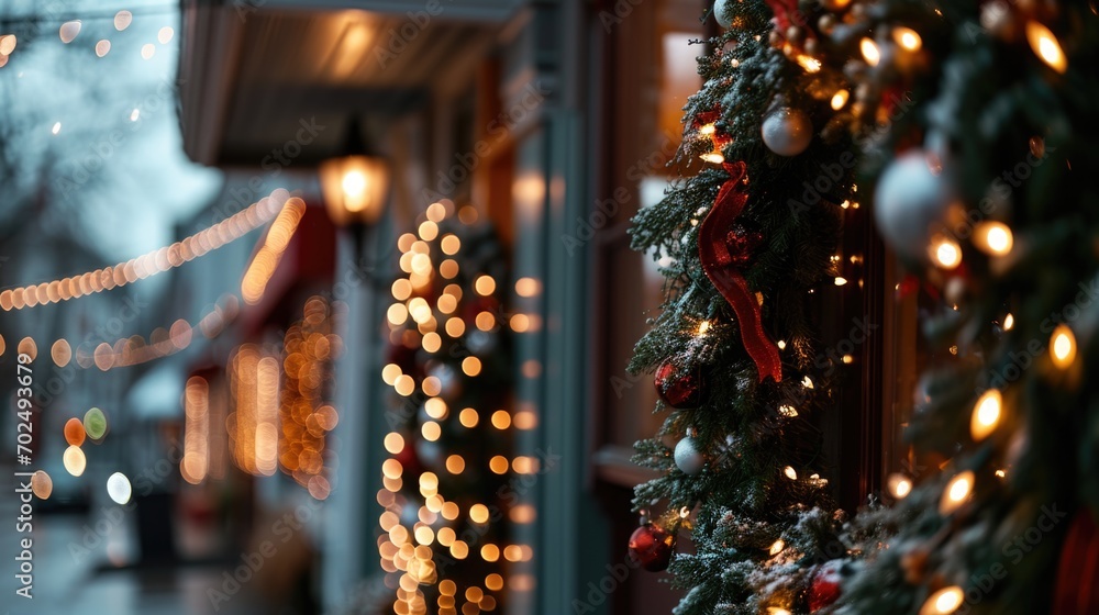 Poster a charming street adorned with twinkling christmas lights and colorful garlands. perfect for adding 