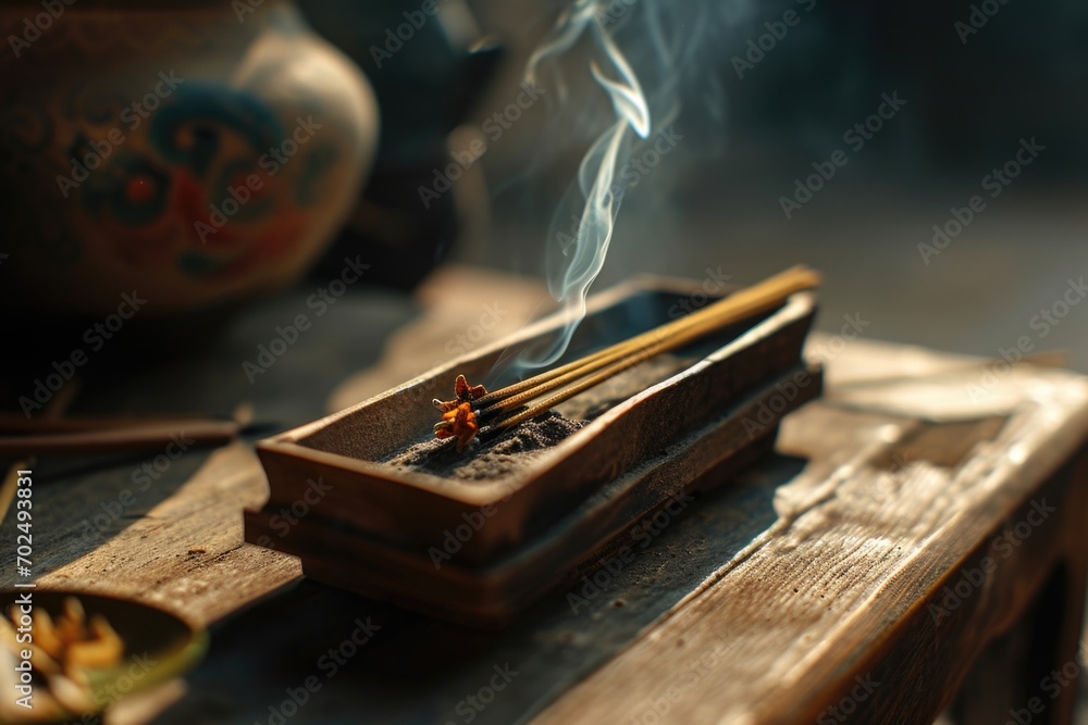 Poster a wooden tray with incense sticks, perfect for creating a calming and aromatic atmosphere. ideal for