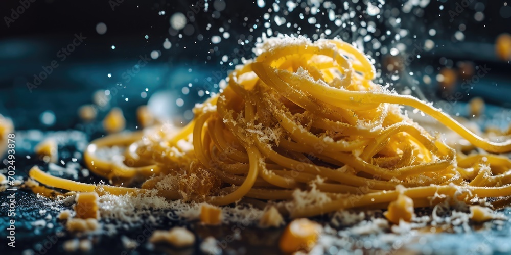 Poster a pile of pasta being sprinkled with salt. perfect for food-related projects or cooking tutorials